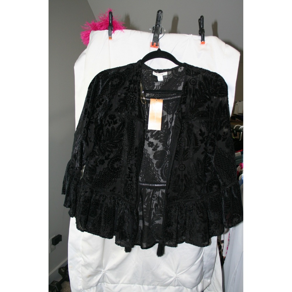 Francescas Miami Black Burnout Velvet Kimono Floral Paisley Open Front Small NWT